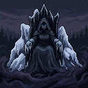 Pixel art -kuvitus: jäinen prinsessa lumisessa maisemassa