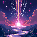 Pixel art: light and stars above a mountain