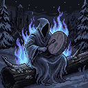 Pixel art -kuvitus: luonnonhenkinen noita metsän katveessa