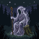 Pixel art: a seer walks along forest paths