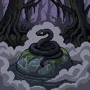 Pixel art: a snake coiled upon a rock in a misty forest