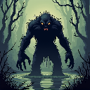 Pixel art: a muddy troll crouches at the edge of a swamp