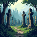 Pixel art: an old burial ground among ruins