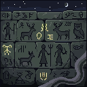 Pixel art: ancient signs and animal figures on a ruin wall