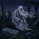 Pixel art: a ghostly figure among ruins