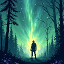 Pixel art: a figure gazes at the aurora in the sky