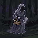 Pixel art -kuvitus: suon mummo kerää rohtokasveja