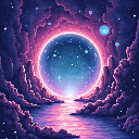 Pixel art: a round gate among clouds
