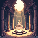 Pixel art: an old temple crumbling in the landscape