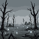 Pixel art: will-o'-the-wisps among dead trees